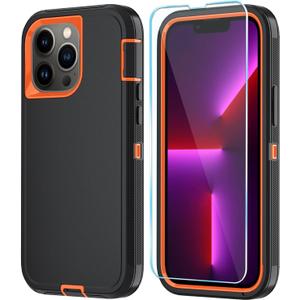 Phone Case for iPhone 13 Pro Case with HD Screen Protector, Heavy Duty Shockproof & DustProof & Dropproof 3-Layer Cover Phone Case for iPhone 13 Pro (6.1'') (BlackOrange)