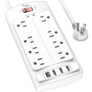 6FT Surge Protector Power Strip, Nuetsa Extension Cord with 8 Outlets and 4 USB Ports, 6 Feet Power Cord (1625W/13A), 2700 Joules, ETL Listed, White