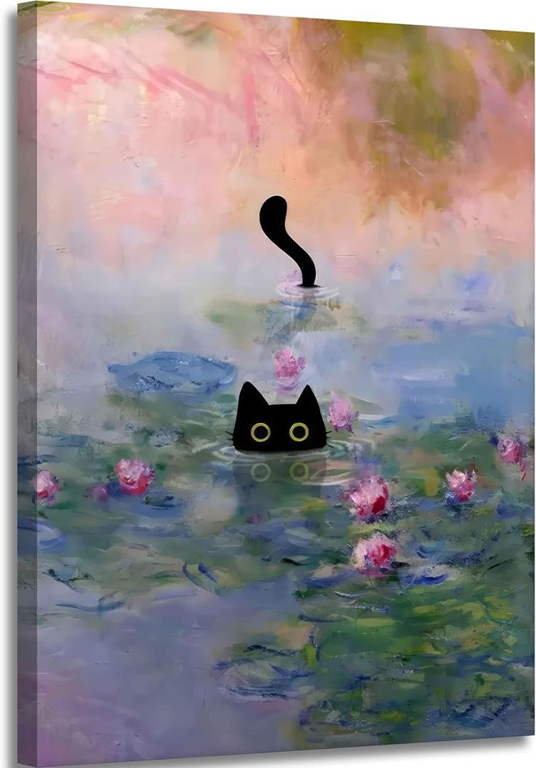 Framed Funny Black Cat Canvas Wall Art Picture Black Cat in the Pink Water Lily Evening Painting Vintage Preppy Aesthetic Animal Posters Prints for Living Room Bedroom Bathroom Decor 12x16-Inch
