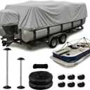 Heavy Duty Pontoon Boat Cover with Support Poles - 1200D Waterproof Pontoon Boat Cover 17-20 ft, Includes Motor Cover & 14 Tie-Down Straps for Windproof Storage and Trailering, Gray