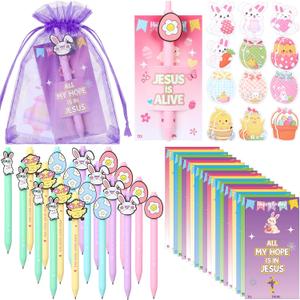 Epakh 72 Pcs Easter Gifts for Kids Bulk Pens with Jesus Greeting Cards Bunny Eggs Sticky Note Bags Religious Easter Basket Stuffers for Students Coworkers Office Classroom School Supplies