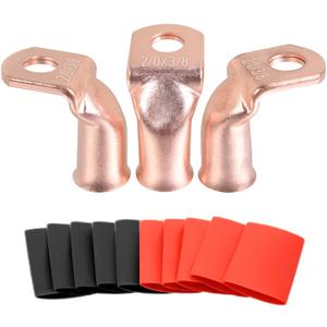 90 Pure Copper Cable Lugs 10pcs 2/0 AWG-3/8 90 Degree Bent Battery Lugs,Heavy Duty Wire Lugs,Ring Terminal,00 Guage terminals 90 Battery Cable Ends/Terminal Connectors with 10pcs 3:1 Heat Shrinks