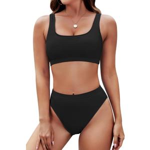 Pink Queen Women's Crop Top High Waisted Cheeky Bikini Set Two Piece Swimsuits (Large, 01 - Black)
