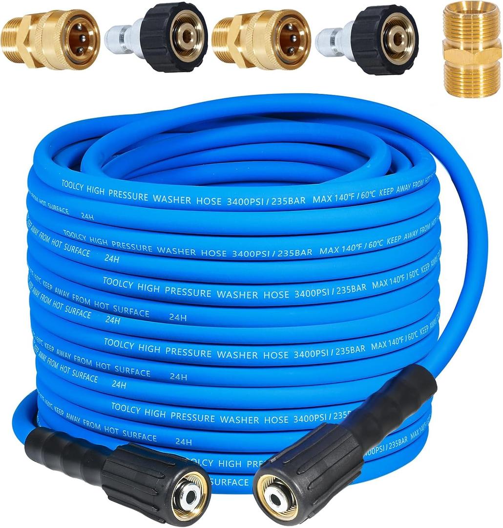 TOOLCY Wearproof Pressure Washer Hose 50ft, 3400 PSI Kink Resistant Power Washer Hose 1/4 in., Replacement Power Wash Hose with M22 and 3/8" Quick Connection Kit for Gas & Electric