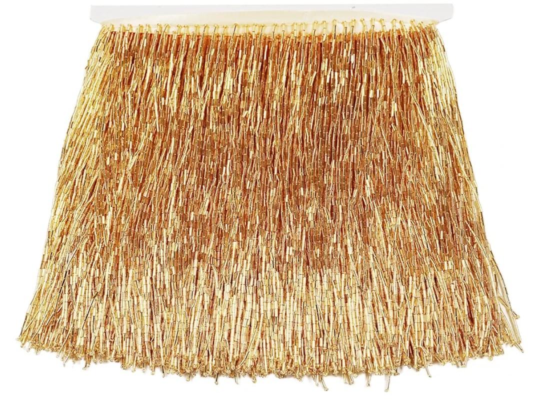 Beaded Fringe Trim, Ribbon Tassel Fringe Trims Glass Beads Trim Tassels for Clothing Accessories DIY Decoration (Gold, 8"×2 Yards)