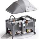 4 in 1 Baby Bassinet,Pack and Play,Bedside Crib Sleeper,Baby Bassinets Bedside Sleeper with Diaper Changer, Mosquito Net,Bottom Storage and Toy Bar for Newborn to Toddles (Grey)