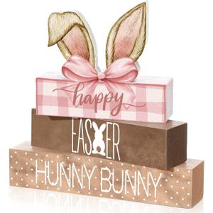 Cinnvoice 4 Pcs Easter Bunny Wooden Decor Coquette Pink Easter Table Decor Tiered Tray Bunny Decorations Indoor Table Sign for Farmhouse Centerpiece Vintage Rustic Spring Gift