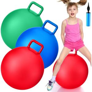 Lewtemi 3 Pcs 22 Inch Bouncing Ball with Handle, Outdoors Hopper Jumping Hopping Ball and Air Pump for Sports Exercise (Red, Blue, Green)