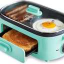 GreenLife 3-in-1 Breakfast Maker Station, Healthy Ceramic Nonstick Dual Griddles for Eggs Meat Sausage Bacon Pancakes and Breakfast Sandwiches, 2 Slice Toast Drawer, Easy-to-use Timer, Turquoise