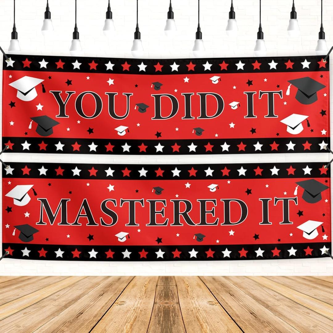 Masters Graduation Banner 2pc Class of 2026 Backdrop Sign Mastered It Congrats Grad Decor Black Red Graduation Decorations for Home Party