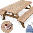 Picnic Table Cover with Bench Covers Elastic Edges, Brown Wooden Fitted Table Cover, Outdoor Patio Camping Essentials 72 Inch 3PCS, Waterproof Camping Fitted Tablecloth with Drawstring Bag
