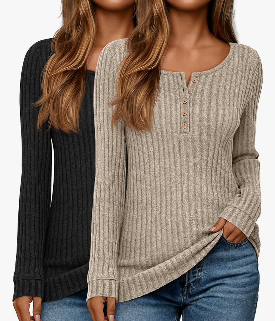 Ficerd 2 Pcs Women's Lightweight Sweaters Long Sleeve Ribbed Knit Tops Henley Shirts Crew Neck Casual Tee Solid Color Tunics M