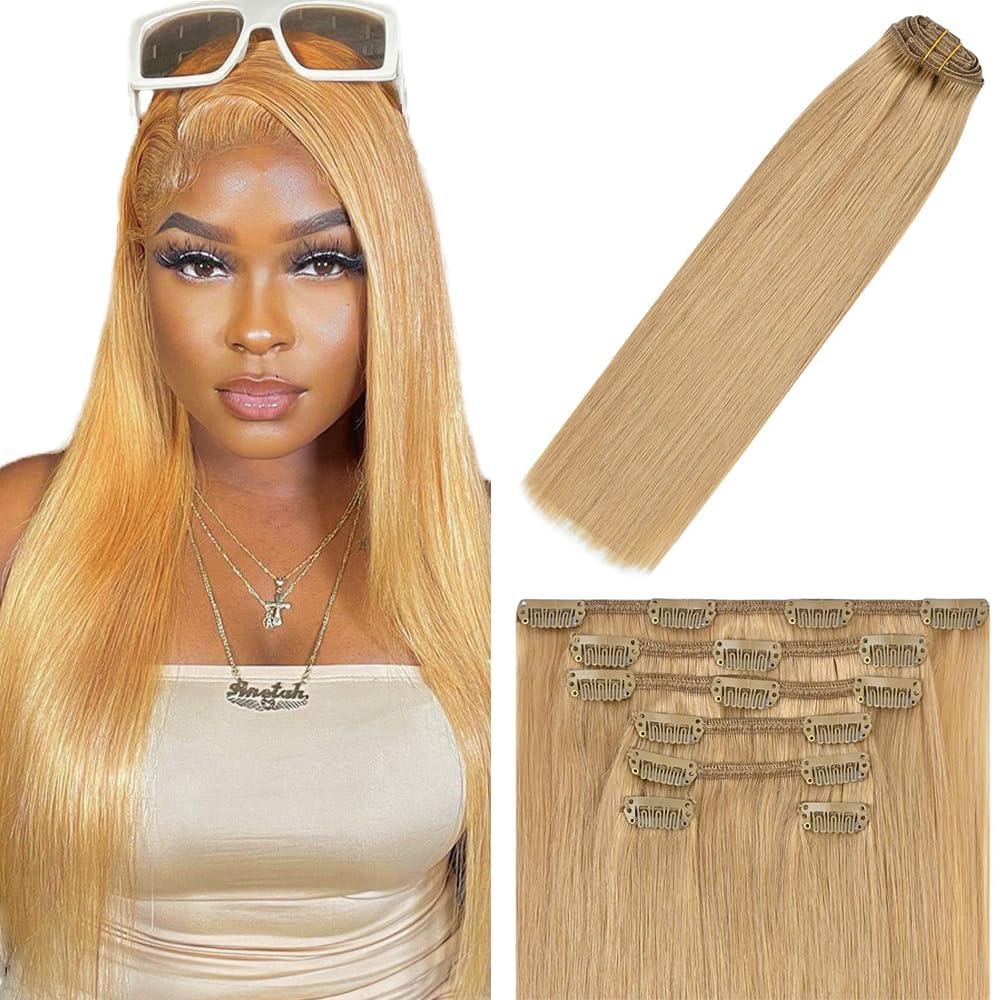 32 Inch #27 Blonde Clip in Hair Extensions,Soft Real Human Hair 120g 7pcs,Brazilian Remy Clip ins for Women,Honey Blonde Clip ins Silky Straight Hair Extensions