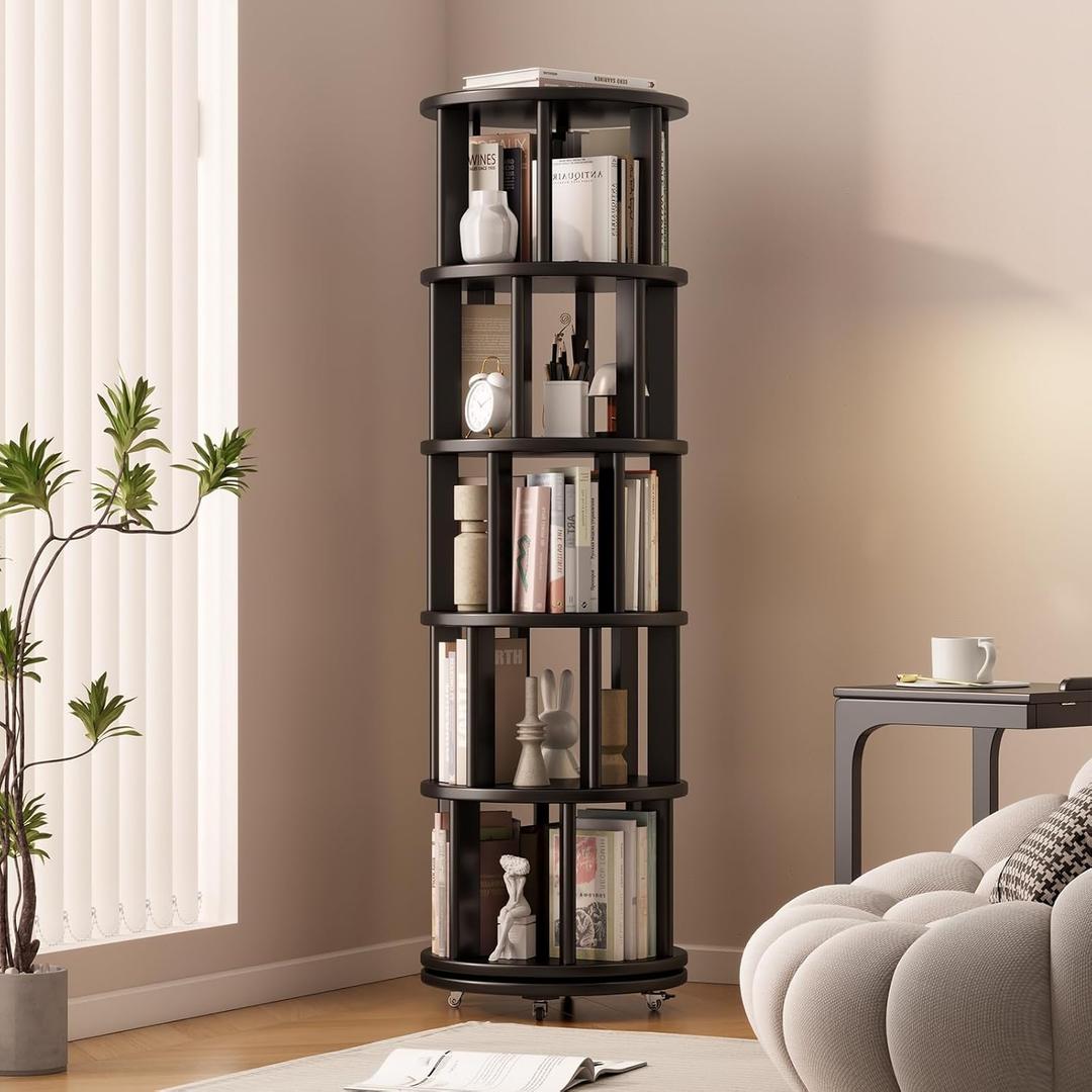 Solid Wood Rotating Bookshelf on Wheels, 5 Tier, Round Revolving Bookcase, 360 Spinning Book Shelf Tower for Kids, Narrow Rolling Bookshelves for Small Space, Corner, Bedroom, Office, Black