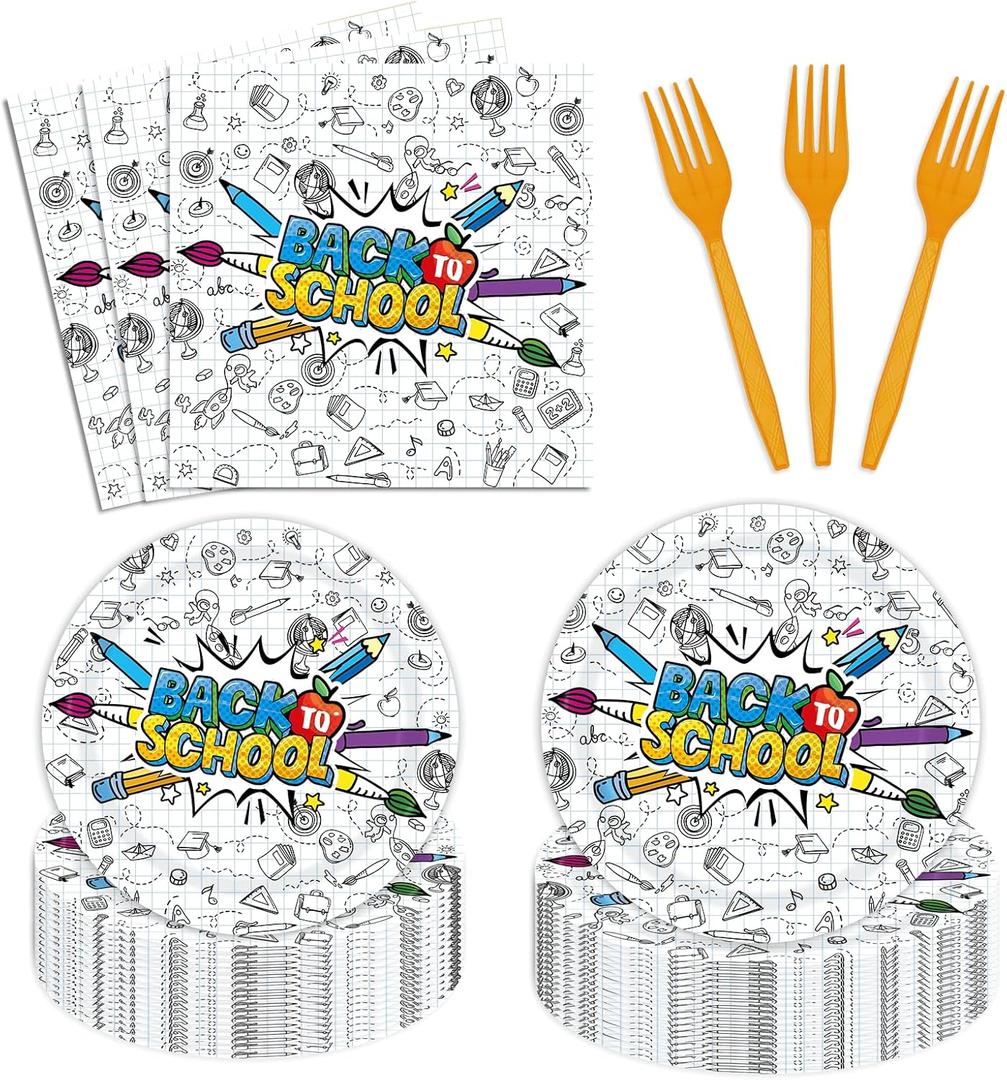 Set of 96 Welcome Back To School Party Plates Supplies First Day of School Party Tableware Decorations Kids Teacher Students Disposable Paper Plates Napkins Forks Serves 24