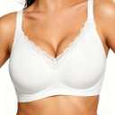 HORISUN Wireless No Underwire Bra for Women V-Neck Lace Trim Jelly Supportive Seamless Bra Comfortable Tshirt Bralette (White)