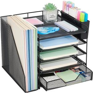 Desk Organizers and Accessories, 5-Tier Paper Letter Tray Organizer with File Holder, Drawer & Pen Holder, Office Desk Accessories, Desktop Organizer for Classroom Office Supplies, Black