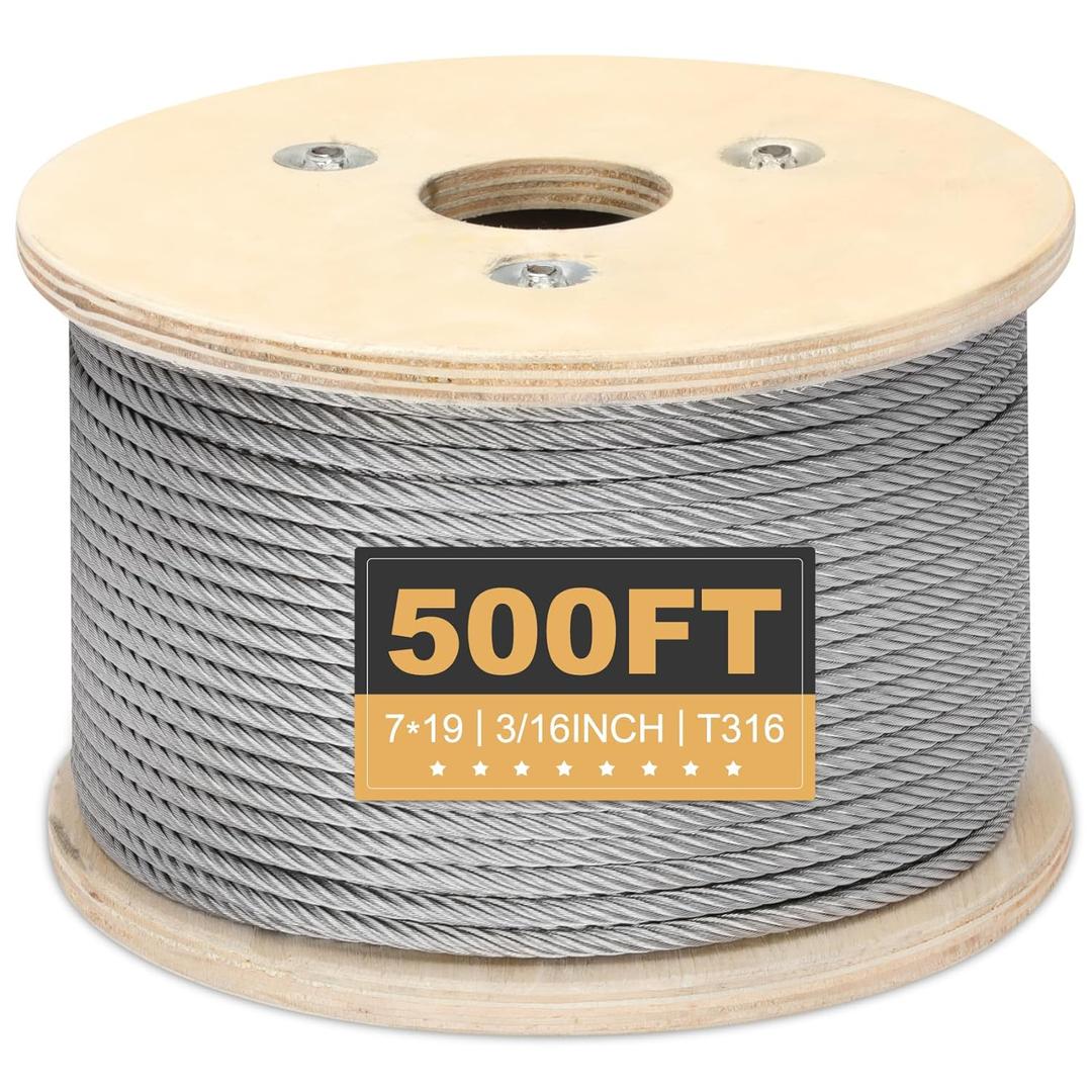 Thickened 3/16" Stainless Steel Cable, 500ft Wire Rope, 7X19 Strands Aircraft Cable, 3700lbs Breaking Strength, Zip Line for Heavy Duty Applications, Deck Railing, String Lights & Yard Zipline