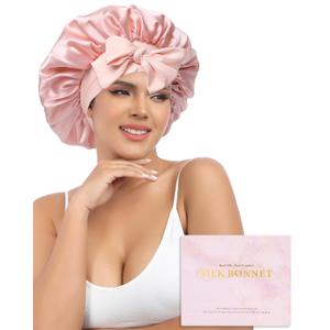 AWAYTR Silk Bonnet for Sleeping Women 100% Mulberry Silk Bonnet with Band 2 Layer Reversible Hair Bonnet Sleeping Hair Wrap (Pink/Beige)