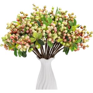 SHACOS Artificial Pink Berry Stems 20 PCS Fake Berries Branches Spray with Green Leaves 9.8 inch Small Berry Picks for Christmas Decorations Crafts Filler Holiday Home Decor, Pink