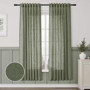 Aersas Olive Green Linen Textured Curtains 72 Inches Long for Living Room 2 Panel Set Back Tab Rod Pocket Semi Sheer Luxury Curtains Pleat Boho Window Curtain Decor for Dining Room Bedroom 52x72