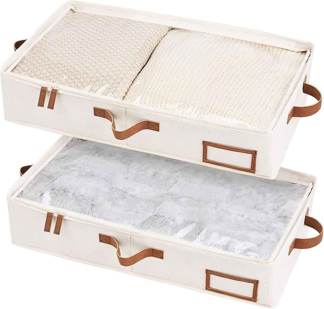 StorageWorks Under Bed Storage Containers with Handles and Label Holder, 2 Pack Ultra-thick Fabric Underbed Bins, Closet Organizer for Clothes, Blankets, Sweater (Medium, Ivory White)