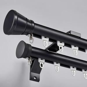 Double Curtain Track Wall Mounted, Roman Rod for Curtain, Aluminum Heavy-Duty Silent Rail, Sliding Curtain Track System with Silent Rollers, for Room Divider Living Bedroom Room (Black, 12.1ft)