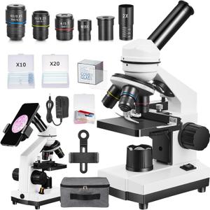 Microscope for Adults Kids,40X-2000X Monocular Microscope Kit for Home School Lab, 2 LED Lights & 5 Colors Kids Microscope with Phone Holder,10 Specimen Slides,20 Slides,100 Coverslips, Bag