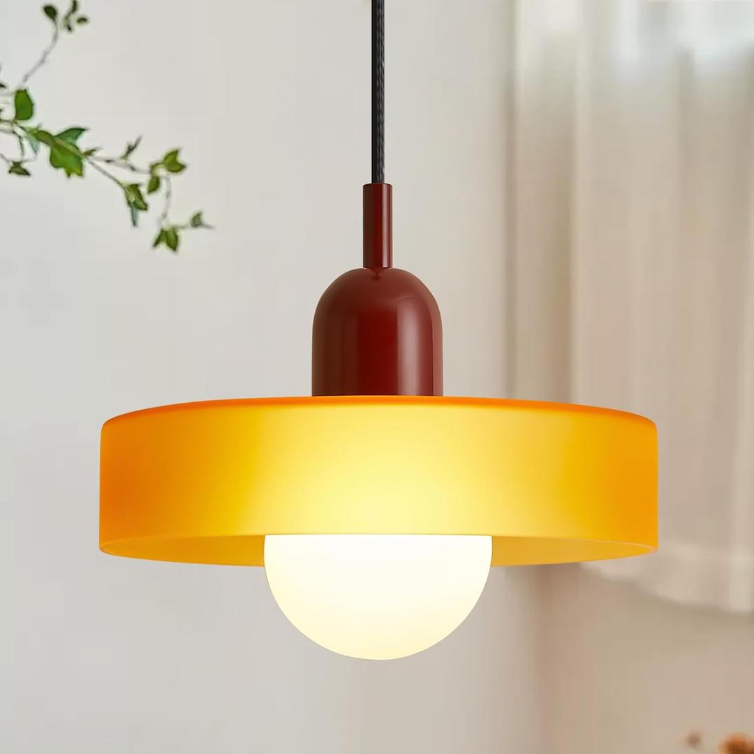 Mid Century Modern Pendant Light Fixture Hanging Light Vintage Kitchen Island Light Glass Lights for Dining Room Living Room Orange and Pink