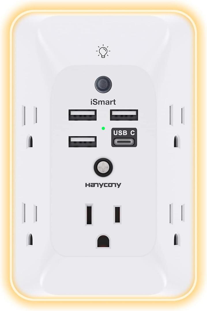 Outlet Extender with Night Light, HANYCONY Multi Plug Outlet, USB Wall Charger Surge Protector 4 USB Ports(1 USB C), Power Strip Electrical Outlet Splitter Expander for Home Office Dorm Room, ETL (White)
