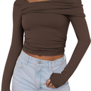 ANRABESS Womens One Off Shoulder Shirts Long Sleeve Going Out Crop Tops Ruched Tight Casual Blouse 2025 Trendy S, Brows