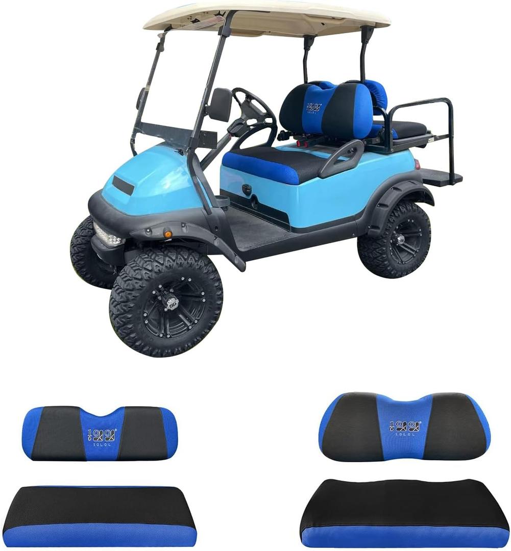 10L0L Golf Cart Front and Rear Seat Cover Set for Club Car DS/Precedent/Onward/Tempo & Yamaha G29 /Drive 2,Stylish 4 Passenger Front Back Seat Covers,Breathable Washable Polyester Mesh (Black/Blue)