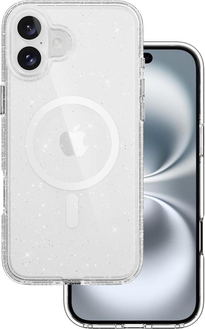 MAGEASY Case for iPhone 16 Plus 6.7" - Never Yellowing Crystal Clear Glitter Case with Sparkle, 16ft Drop Protection, Compatible with MagSafe | Bright M - Luminous Clear