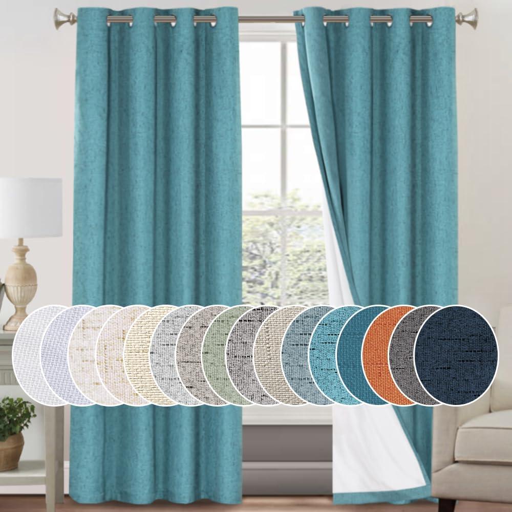 PrinceDeco Teal Blackout Curtains for Bedroom Linen Blackout Curtains 96 Inches Long Black Out Darkening Drapes Thermal Insulated Energy Saving with White Liner,52 X 96In, Teal