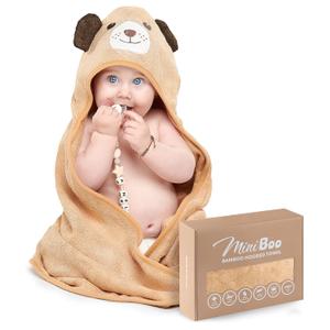 MINIBOO Hooded Baby Towels for Newborn & Toddler - Super Soft Baby Bath Towels with Hood, Highly Absorbent Viscose Made from Bamboo Hooded Towel for Boys, Girls, Newborn Essentials (32 x 32 inches, Brown Dog)