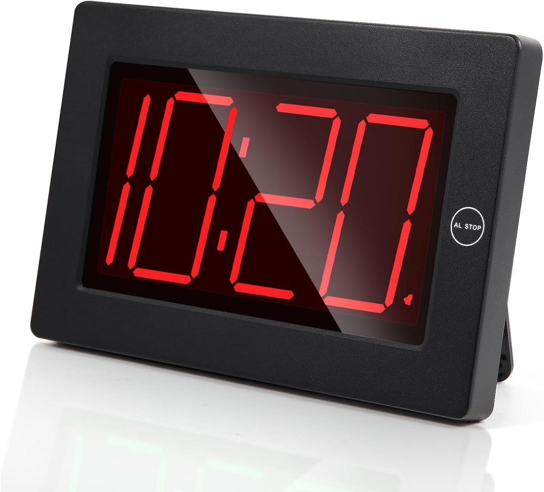 LED Digital Wall Clock Battery Operated - Large Display Digital Clock, Adjustable Brightness, Wall or Table Mount (Black-red)