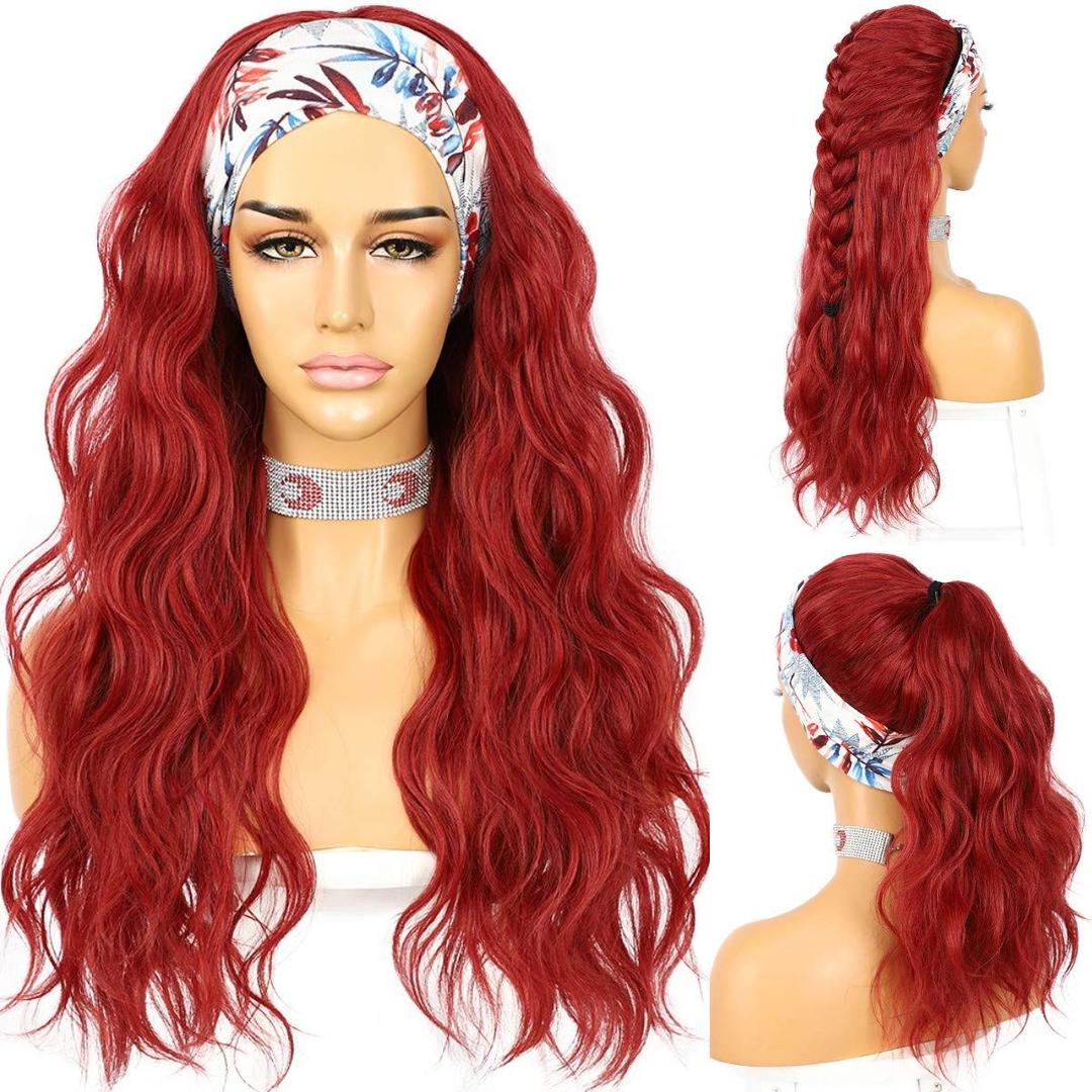 SAPPHIREWIGS Glueless Headband Wig Loose Body Wavy Synthetic Hair None Lace Front Wigs for Black Women Wave Red Color Machine Made 150% Density 26inch
