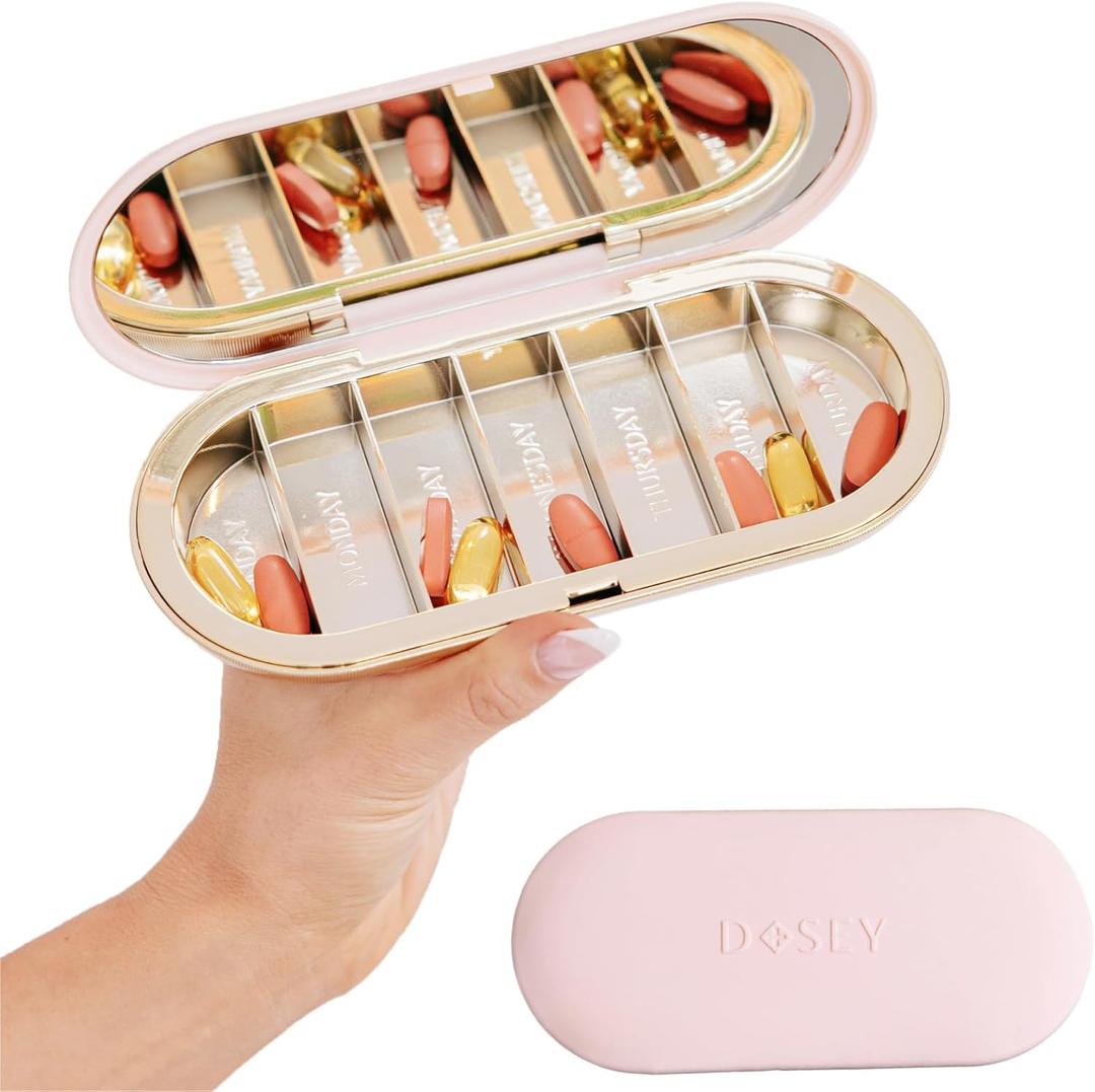 Dosey 7 Day Pill Compact Travel Pill Organizer - Pill Case with 7 Pill Compartments for Medicine Storage & Protection  Stylish & Elegant Medication Organizer with Mirror, Blush