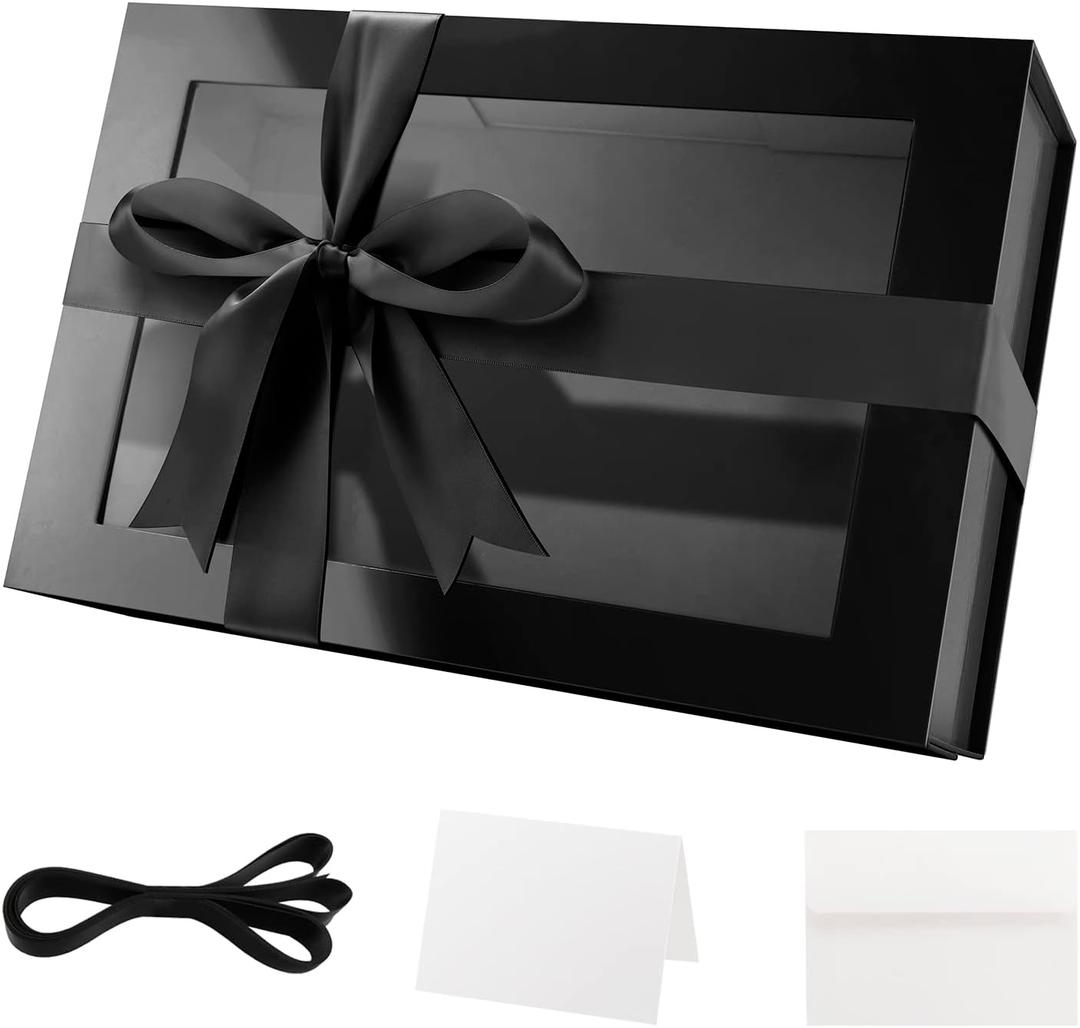 Large Black Gift Box with Window, 13.5x9x4.1 Inches Clear Gift Box for Present Contains Ribbon, Card, Groomsman Proposal Box with Magnetic Lid (Glossy Black)