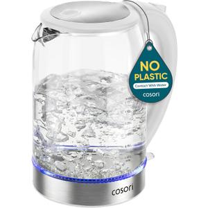 Cosori Electric Kettle, No Plastic Contact With Water, Wide Mouth For Easy Cleaning, Auto Shut Off, 1.7L Tea Kettle & Hot Water Boiler, Water Heater & Teapot, Borosilicate Glass, White, 1500W