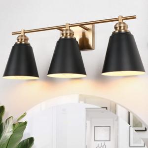 Black and Gold Vanity Light, 3 Light Bathroom Vanity Light Over Mirror with Metal Shade, 23 Inch Large Vanity Lights for Bathroom Modern Wall Sconce Lighting, BD015-3-BK