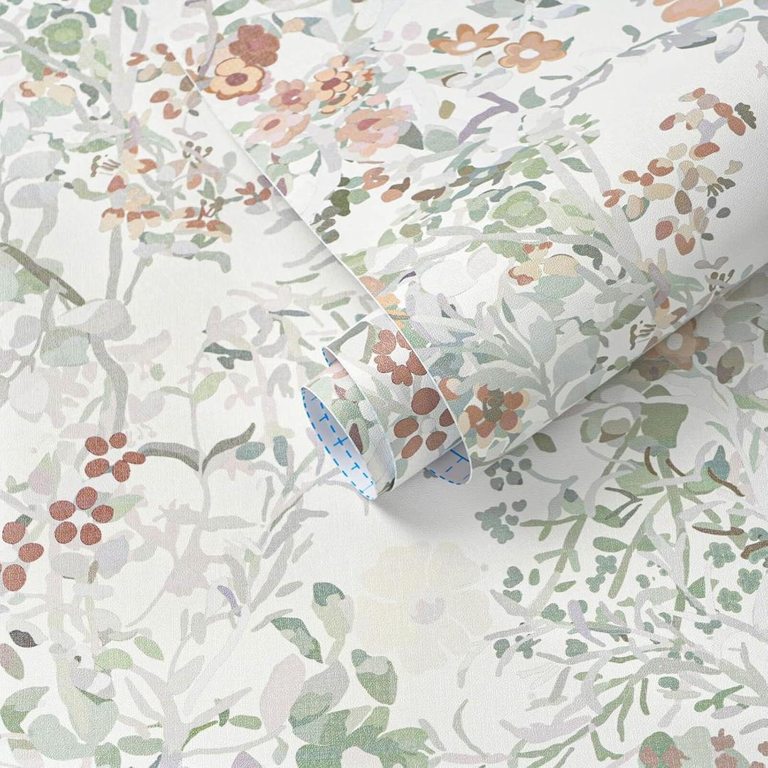 2 x Ismoon Vintage Floral Peel and Stick Wallpaper White and Pink Contact Paper Boho Wall Paper Pink Flower Removable Self Adhesive Vinyl Wallpaper for Cabinets Shelves Bedroom Wall Decor 17.3x78.7in