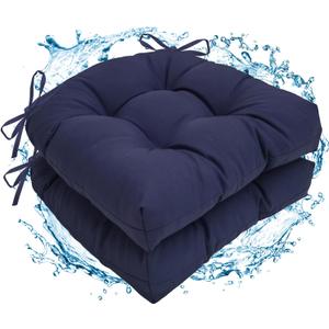 2 Pack Waterproof Outdoor Chair Cushions, Thick Tufted U-Shaped Seat Cushions with Adjustable Ties for Garden Chairs, Patio Furniture, 19x19x4.5 Inches (Navy)