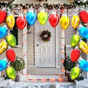 Civaner 60 Large Christmas Light Bulb Balloon Door Decoration 18 x 11.4 Inch Inflatable Christmas Foil Balloons Multicolored Xmas Light Bulb Party Decor and 2 Rolls 98 Feet Nylon Rope