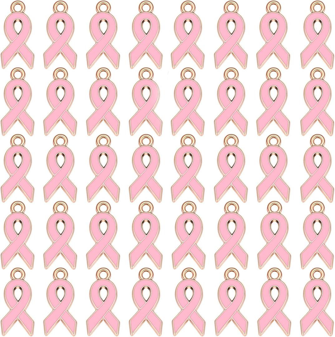 Hicarer 100 Pieces Breast Cancer Small Pink Ribbon Metal Charm Breast Cancer Awareness Pendant DIY Accessories for Necklace Bracelet Making Crafts