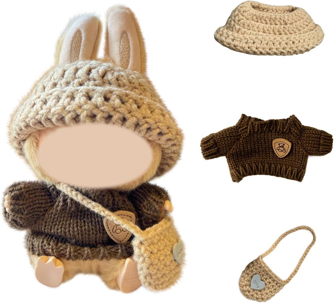 17cm Doll Clothes, Clothes for Dolls Outfit, Accessories for Dolls Clothes,Cute Clothes Set for Doll,No Doll Included(Brown Sweater + Khaki Bag + Hat)