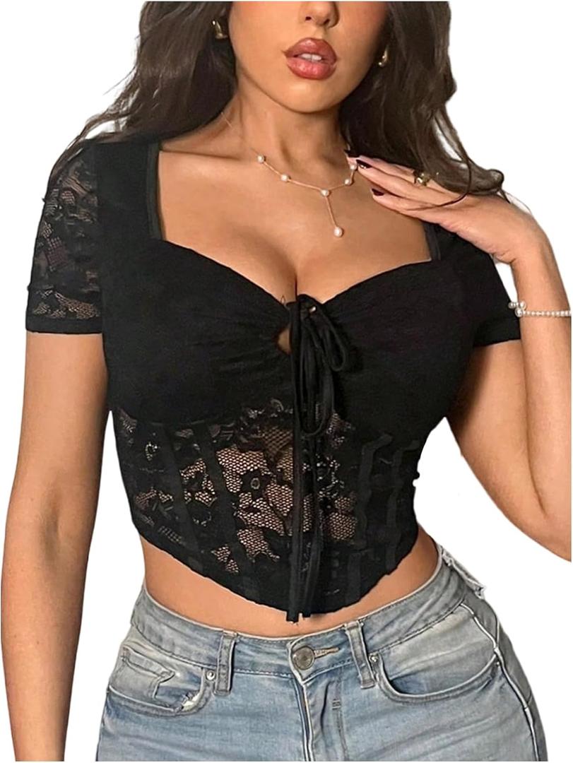 OYOANGLE Women's Floral Lace Sheer Short Sleeve Corset Crop Top Sweetheart Neck Tie Front Fitted Tshirts (Black, S)