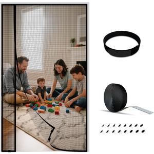 Magnetic Screen Door Left/Right Side Opening Polyethylene Terephthalate Mesh with Strong Magnets, Self-Closing Design for Insect/Bug Protection, Easy Installation, Pet & Kid Friendly (Fits Doors to 36x82 Inch, Black)