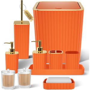 Bathroom Accessories Set - Gorgeous Bathroom Set, 10PC Orange Bathroom Accessory Set, Orange Bathroom Sets, Toilet Brush, Trash Can & Soap Dispenser