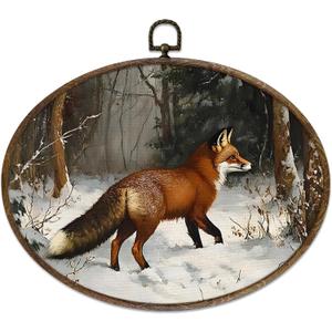KFXHANGD Winter Fox Oval Wall Art Framed, Rustic Animals Canvas Wall Art Decor, Fox Decorations for Home, Farmhouse Winter Christmas Animals Hanging Decor for Living Room Bathroom, 11.3x8.7 In